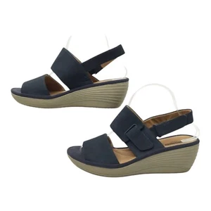 Clarks Reedly Breen Wedge Sandal Women 9 W Casual Comfort Adjustable Strap Blue - Picture 1 of 16