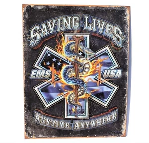 EMS Saving Lives Anytime Anywhere USA Sign Metal Collectible 12 1/2x16inch New  - Picture 1 of 4