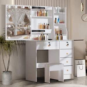 Vanity Set Makeup Desk Dressing Table with Stool Drawer 10 LED Lighted Mirror - Picture 1 of 10