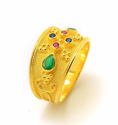 Byzantine Style Silver Gold Plated Pear Cut Emerald Ring Greek Multi Stone Cz - Image 1 of 4