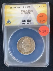 1932-S Washington Quarter AU50 Dtls ANACS M297 - Picture 1 of 2