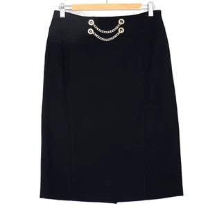 Basler Pencil Skirt Size 38 10 Navy Blue Jersey Gold Chain Stretch Work Office - Picture 1 of 11