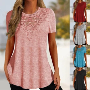 Plus Size Womens Lace Short Sleeve Tunic Tops Ladies Baggy Floral T Shirt Blouse - Picture 1 of 19