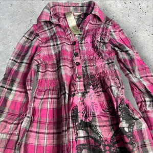 Spoiled Dress Shirt Pink Plaid with Embellished Butterfly Size XL - Picture 1 of 7