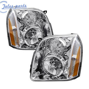 For 2007-2014 GMC Yukon SLE SLT Denali Headlights Headlamps Pair Chrome Amber