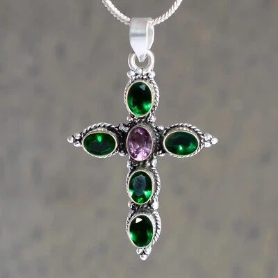 铬透镜和紫水晶宝石 925 纯银手工十字架吊坠 — 第 1/4 张图片