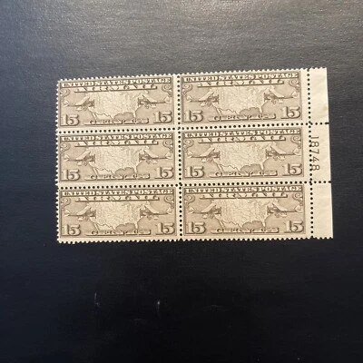 US Stamp Scott #C8 15c Map and Two Mail Planes PB OF 6 Mint Hinged - Image 1 of 2