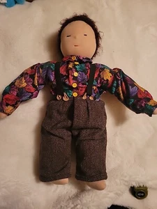 19" Waldorf Doll With Overalls and Multicolor Leaf Button Up Shirt Pre-Owned - Picture 1 of 13