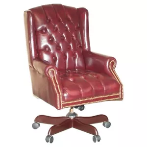 VINTAGE OXBLOOD LEATHER ANTIQUE STUD CHESTERFIELD WINGBACK SWIVEL OFFICE CHAIR - Picture 1 of 17