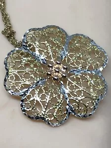 Vintage Multi Toned Gold Detailed Flower Pendant w 18" Gold Chain 10K Italy - Picture 1 of 12