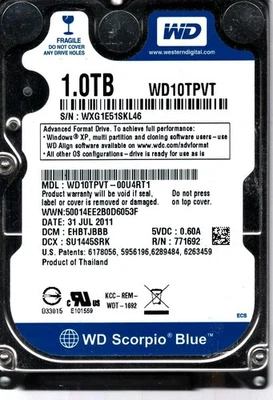 WD10TPVT-00U4RT1 S/N: WXG1E DCM: EHBTJBBB WESTERN DIGITAL 1TB THAILAND JUL 2011 - Image 1 of 2