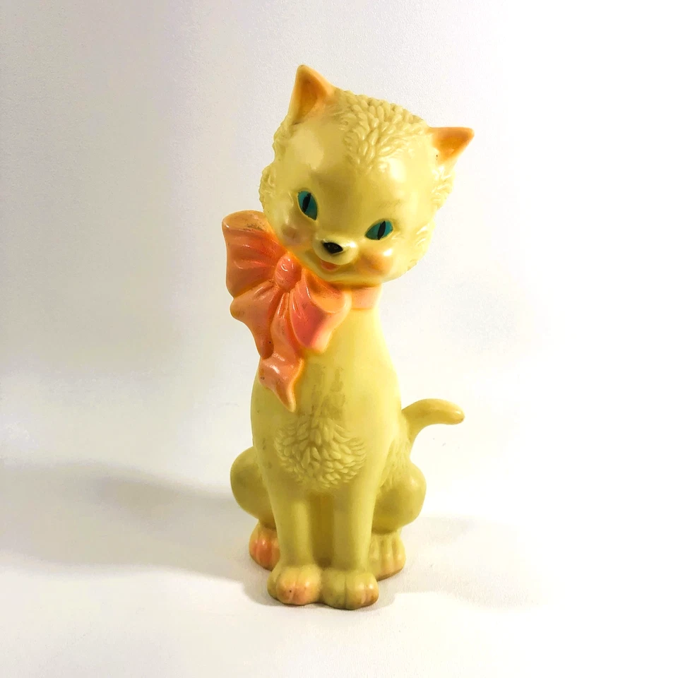 Vintage 1950's Sun Rubber Co Yellow Cat Squeaky Toy Pink Bow Kitsch - Image 1 of 4