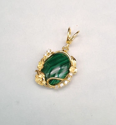 Ciondolo donna malachite verde argento 925 placcato oro giallo fatto a mano - Immagine 1 di 4