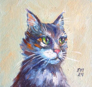 Cat with green eyes Original Oil Painting Wall art Canvas board 6x6 inches - Imagen 1 de 4