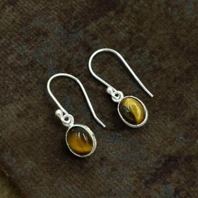 Orecchini Ovali In Occhio Di Tigre Naturale In Argento Sterling 925 Fatti A Mano - Immagine 1 di 4