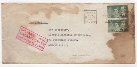 1954 Mar 13th. Crash Cover. "Belfast" Singapore Crash. AAMC 1337 Cover