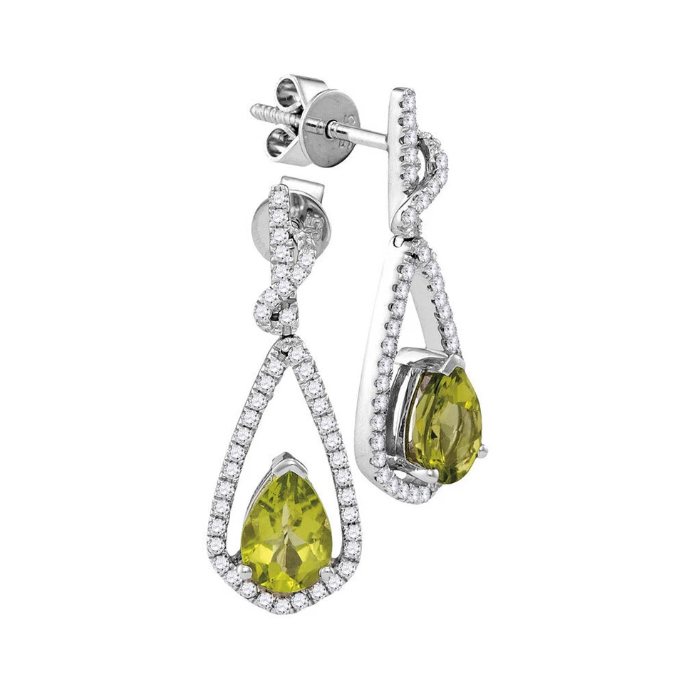 14kt White Gold Womens Pear Natural Peridot Diamond Dangle Earrings 1-7/8 Cttw - Image 1 of 1