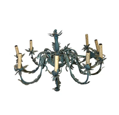 Vintage Whimsical Painted Metal Floral 9 Light Chandelier Light Fixture 30”d - Image 1 of 4