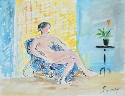 Robert Savary - Original Painting - Gouache - Nude in the armchair - Image 1 of 2