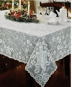 Lace Tablecloth Christmas Ivory Holly Berry design 52 x 70 - Picture 1 of 2