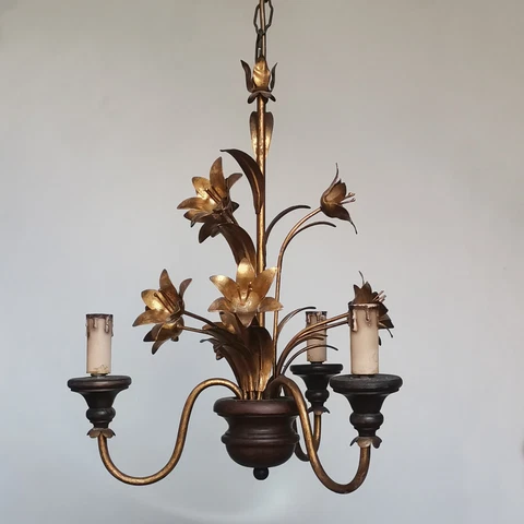 VINTAGE 70's HANS KOGL GILT TOLE & TURNED WOOD CHANDELIER CEILING LIGHT 3 ARMS Cover