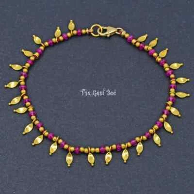 Pulseira de ouro 18k fina de rubi birmanês liso contas Rondelles 7" folha de ouro - Imagem 1 de 4