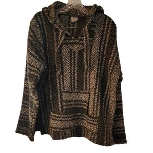 Mexican Baja Woven Hippie Cozy Pullover V-Neck Hooded Ties Front Pockets Poncho - Bild 1 von 4