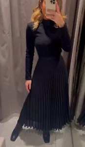 ZARA BLACK HIGH NECK KNIT CONTRAST PLEATED SKIRT MIDI DRESS SIZE S BNWT - Picture 1 of 17