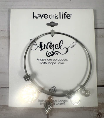 Love This Life Bangle 4 Charm Bracelet ANGEL 2018 David Culiner Silver Plated - Image 1 of 4