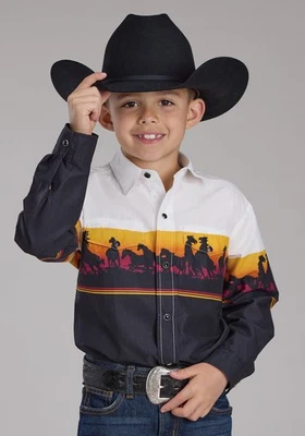 Roper Kids Boys Sunset Horse Border Black 100% Cotton L/S Shirt - Image 1 of 3