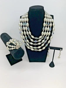 Vintage Laguna Kristall & Creme Perlen Halsreif Halskette, Armband & Clip-on Ohrringe - Bild 1 von 24