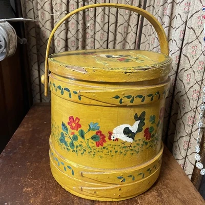 Antique FIRKIN Bucket Lid & Handle Hand Painted Primitive 9.5" - Image 1 of 4