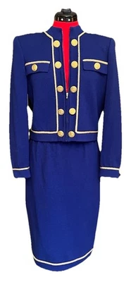 ST JOHN by MARIE GRAY BLUE,GOLD TRIM SANTANA KNIT SUIT SET SMALL/8 - Image 1 of 4