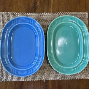 2 Vintage METLOX blau/grün COLORSTAX ovale Servierplatten PLATTEN - Bild 1 von 6