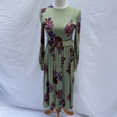 Antigo Vestido TRAINA Nova York Anos 50 Anos 60 S Verde Floral Cinto Secretário Louco Masculino Modesto - Imagem 1 de 4