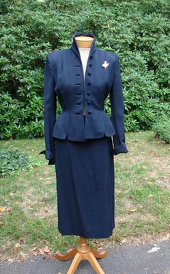 Fab Vtg 40s 1940s  2 pc dress skirt suit hourglass Diamond Debs NY navy blue - Image 1 of 4