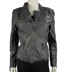 BLANKNYC Jacket Womens M Gray Faux Leather Moto Zip Pockets Modern Biker Style - Picture 1 of 9