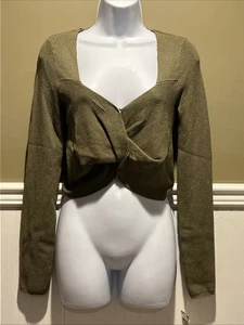 bar iii top Women’s M Olive Green Metallic Crop Top Ribbed V Neck NWT - Picture 1 of 11