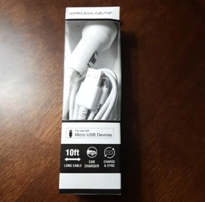 New Wireless Gear 10ft Micro-USB Car Charger & Sync Cord White Cable - Photo 1 sur 4