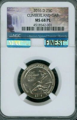 2016 D CUMBERLAND GAP QUARTER NGC MS68 PL PQ MAC FINEST GRADE & SPOTLESS .  - Image 1 of 2