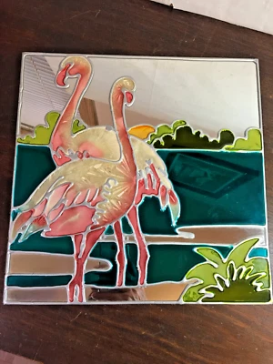 Flamingo Leaded Glass Mirror, 12" by 12", Clean Wall Decor - Image 1 of 4