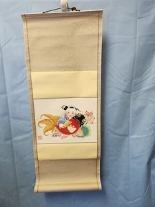 Vintage Chinese Scroll Tapestry Artwork Lady with a koi fish - Picture 1 of 12