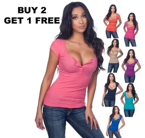 Color Story sexy lässige Dekolleté gerippt Henley Strass Kappenärmel Top - Bild 1 von 18