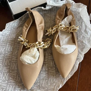 INC Anya hellbraune Damen-Ballerinas mit Kette Slipper 7,5 goldfarbene Perlen neu im Karton - Bild 1 von 8
