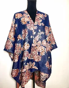 Cardigan donna floreale poncho spalle scoperte blu taglia gratis - Foto 1 di 4
