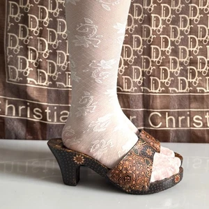 90's Vintage wooden flower print slide heeled sandals in brown & orange - Picture 1 of 7