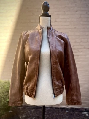 Lucky Brand ✈️ Women’s Leather Bomber Jacket • Size Small  • Lined Moto Cognac - Image 1 of 4