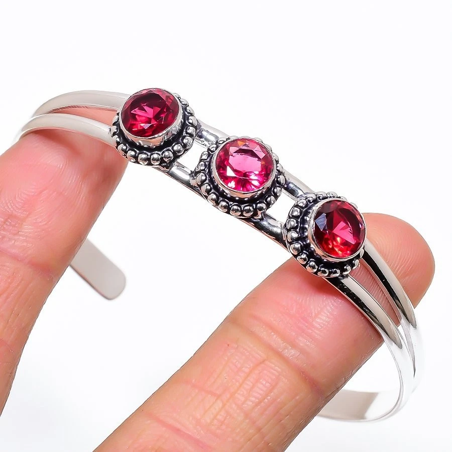 Brazalete ajustable de plata de ley 925 hecha a mano con piedras preciosas de rubelita rosa Foto 1 de 1