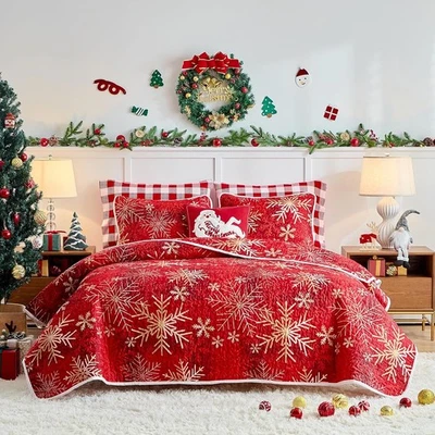 Juego de Edredón Navidad King Size 101x88 - Rojo Dorado Blanco Copo de Nieve Reversible Des Foto 1 de 4