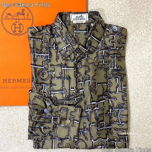 HERMÈS Camicia Hermes Horsebit in seta uomo M marrone autentico con shopper
